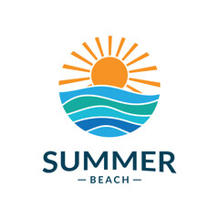 Beach logo with a vibrant sun and ocean waves