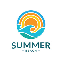 Summer beach themed icon with sun and ocean wave