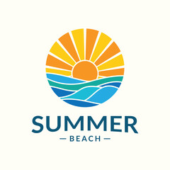 Summer beach logo with sun and ocean waves design