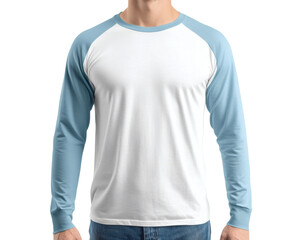 Man Mockup White and Sea Blue Elastic Cuffed Raglan Long Sleeve T-Shirt Design Template - Premium Quality