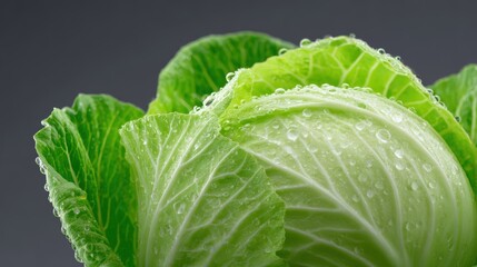 Fresh Green Cabbage with Water Droplets on Leaves Close-Up