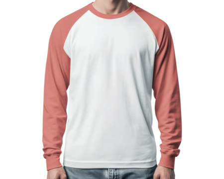 Man Modeling White and Light Red Raglan Mockup Elastic Cuffed Long Sleeve Shirt Design Template