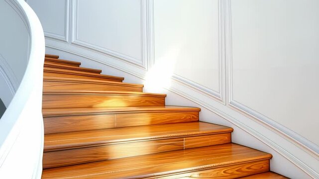 Elegant wooden staircase with white banister and wall paneling, illuminated by natural light