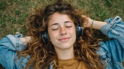 Teenage girl relaxing on grass with headphones and closed eyes