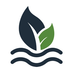 Abstract Green and Dark Blue Leaves Over Wavy Water Eco Symbol Design Illustration