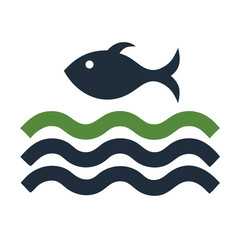 Dark Blue Fish Swimming Above Green And Dark Blue Wavy Water Eco Friendly Ocean Life Graphic