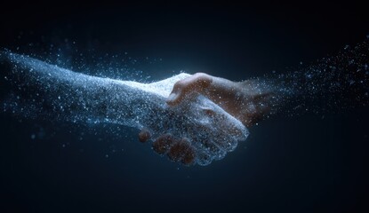 Fototapeta premium Two hands clasped together one made of blue particles set against a dark background