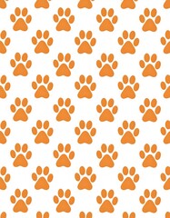 Playful orange paw prints pattern on a white background, creating a fun and whimsical design.