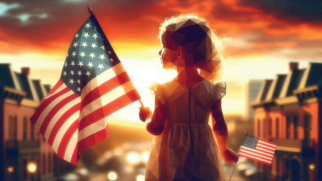 independence Day - Little Girl With Usa Flag and blurred background - Proud and Freedom Concept 