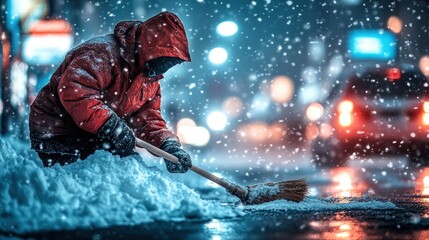 Snowy night, worker clearing snow