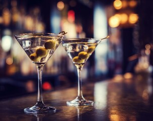 Two martini glasses stand on a bar each containing clear liquor  3 olives set against a blurred background of a bar interior