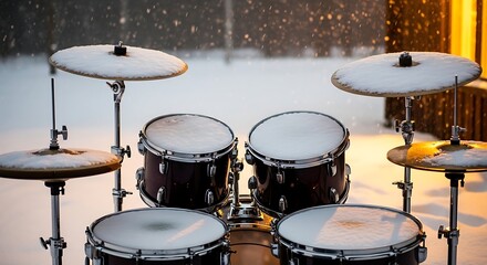 Obraz premium A snow-covered drum kit in a winter wonderland, a unique blend of music and nature. The drums are dusted with snow, creating a picturesque scene.