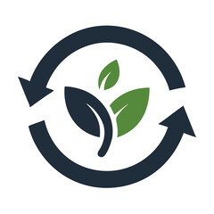 Green and Dark Blue Circular Eco Symbol with Arrows and Leaves Representing Recycling and Environmental