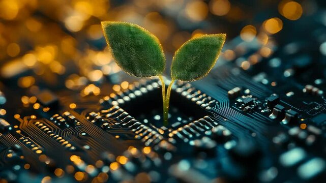 Green seedling sprouting from a computer microchip symbolizing eco-friendly technology, sustainability in electronics, and the fusion of nature with high-tech digital innovation and green computing