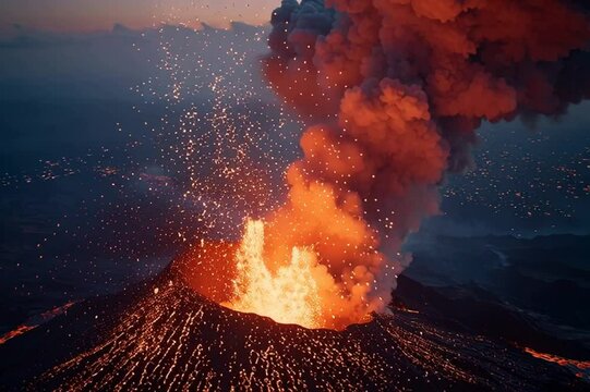 Aerial view of a volcano erupting and shooting lava high into the air.