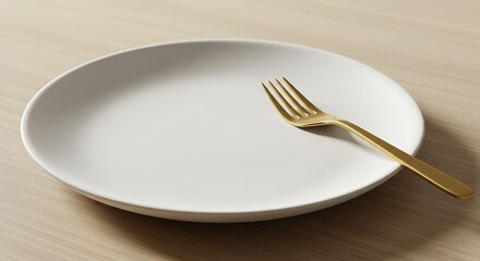 Minimalist Table Setting White Plate and Gold Fork on Light Wood Table