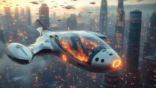 Futuristic flying car gliding through high-tech cityscape filled with skyscrapers and aerial traffic at sunset, symbolizing advanced transportation, urban innovation, and the future of smart mobility