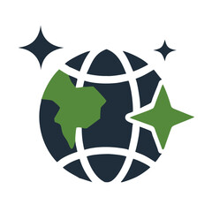 Green and Dark Blue Globe Icon with Grid and Green Stars Representing Eco Friendly Environment