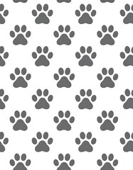 Seamless pattern of gray paw prints on a white background, animal track design