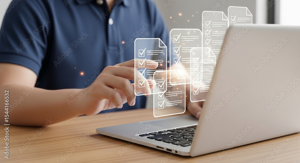 Leinwandbilder man using laptop with digital checklist icons hovering above the keyboard on a wooden desk