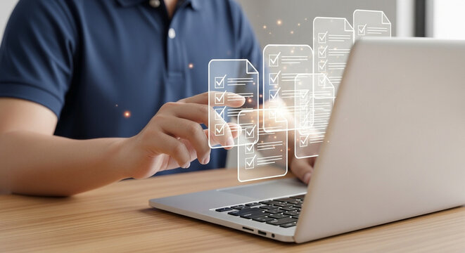 Man using laptop with digital checklist icons hovering above the keyboard on a wooden desk