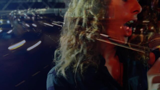 Opening music performance showing singer belting into mic, panning to keyboardist amid city overlay