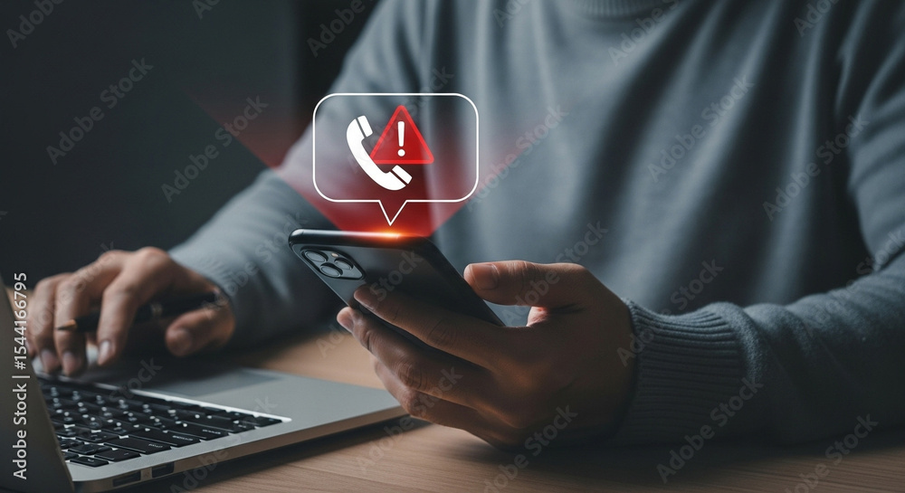 Poster person using laptop and holding smartphone with missed call notification alert displayed overhead di