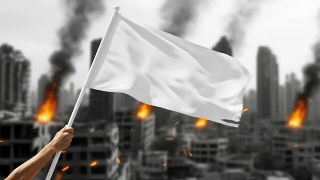 Hand Holding White Flag in War-Torn City