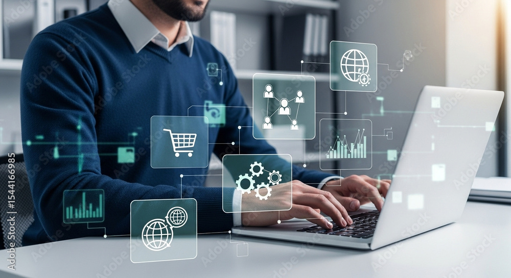 Poster person typing on laptop with digital business icons overlayed on the screen and foreground view