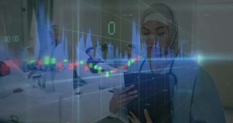 Female doctor monitoring vitals on clipboard in ward as holographic data charts fading in - Powered by Adobe