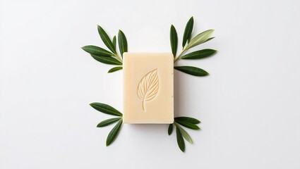 Natural soap bar with leaf design surrounded by olive branches handmade soap