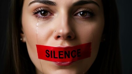 Woman crying with Red Tape with the word 'Silence' on it - Powered by Adobe