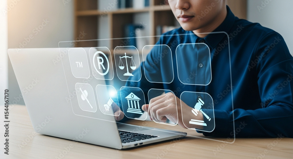 Poster Man using laptop with floating legal icons representing intellectual property rights online access