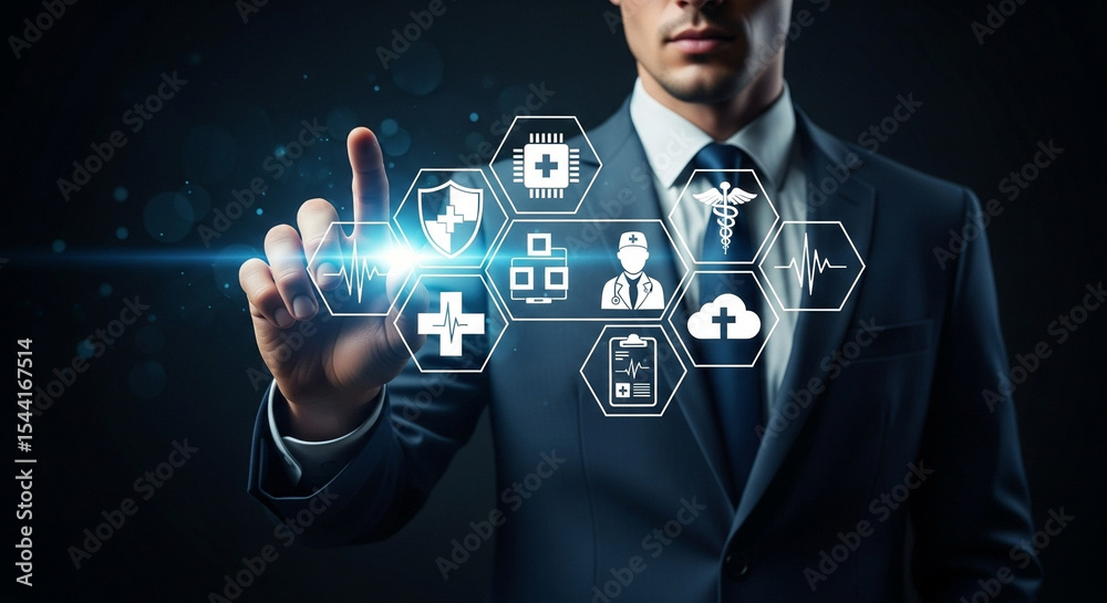 Poster Man in suit interacting with digital health icons on a dark background with light effects