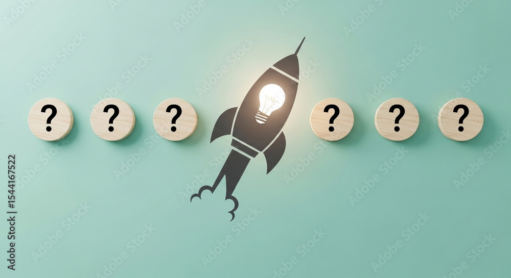 Poster rocket with lightbulb between question marks on wooden circles against a blue green background