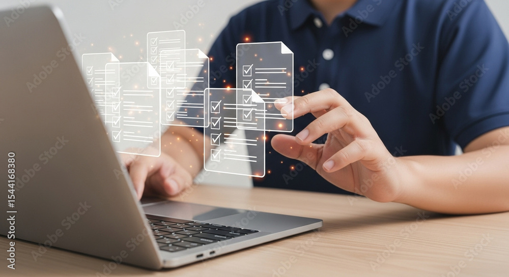 Poster Person using laptop with digital checklist documents floating above the keyboard on a wooden desk