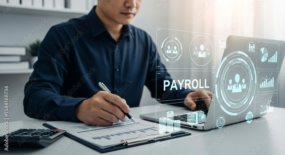 Poster Man calculating payroll with laptop and documents, digital payroll interface overlaying the screen view