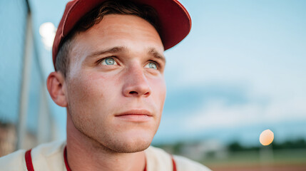 Vintage style baseball player in uniform looking at the field