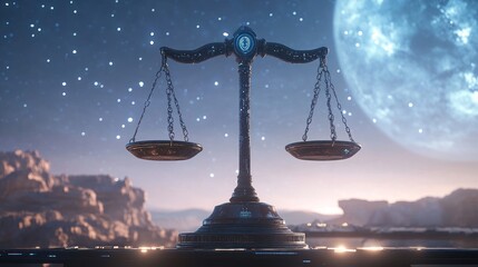 enigmatic scales symbolizing universal balance under celestial moon glow representing equilibrium principles in cosmic harmony and a majestic celestial backdrop