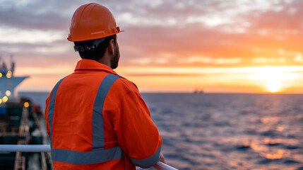 Worker in safety gear watching cargo ship at sea during sunset
