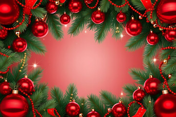 Elegant Red Christmas Background with Pine Branches and Baubles. Festive Holiday Frame for Invitations and Greetings. Glowing Winter Banner for Seasonal Promotions.