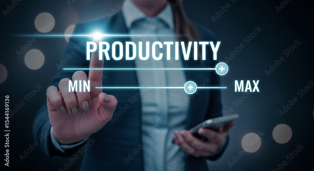 Poster Person adjusting productivity slider from minimum to maximum on a digital interface screen display