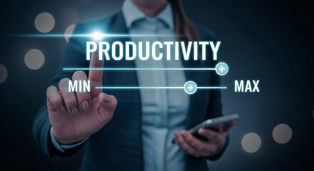 Person adjusting productivity slider from minimum to maximum on a digital interface screen display