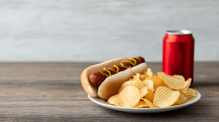 Hot dog with mustard chips and soda can on plate