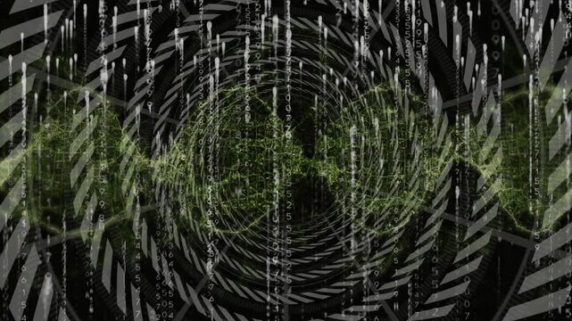 After 1s delay tunnel rings spinning and green waveform sphere pouring code showing data flow