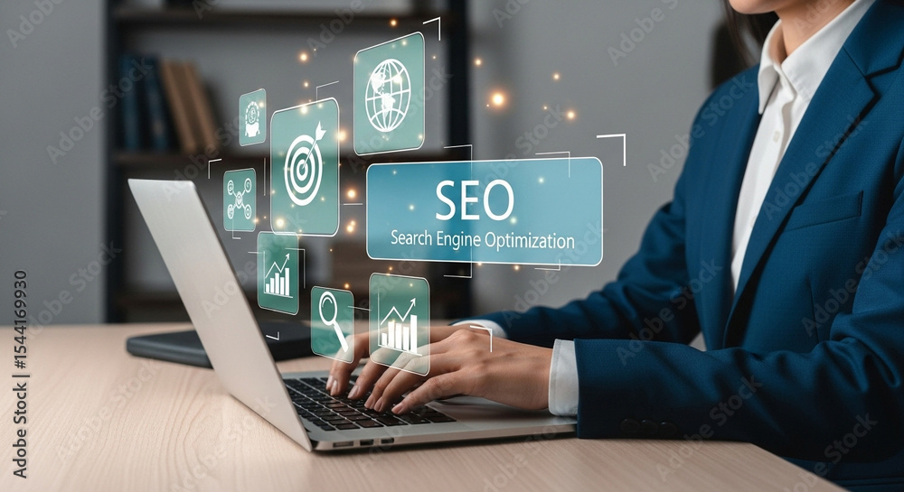 Aufkleber person typing on laptop with seo icons overlayed in a business office environment setting visible