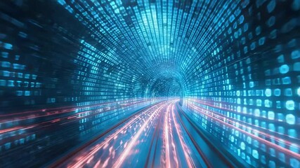 Futuristic data tunnel with glowing binary code and light trails, abstract technology concept - Powered by Adobe