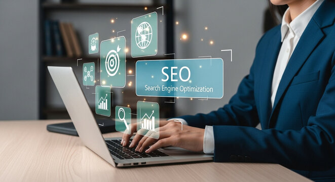 Person typing on laptop with seo icons overlayed in a business office environment setting visible - Powered by Adobe