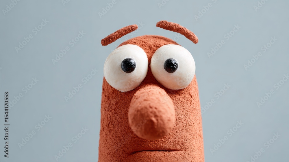 Poster Creative Clay Character With Expressive Wide Eyes Showcasing Unique Features Against a Minimal Background