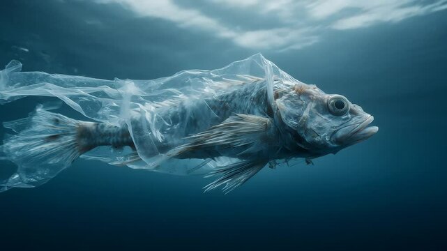 A dead fish trapped in a plastic bag floats in clear turquoise waters, a tragic symbol of the devastating impact of plastic pollution on marine life